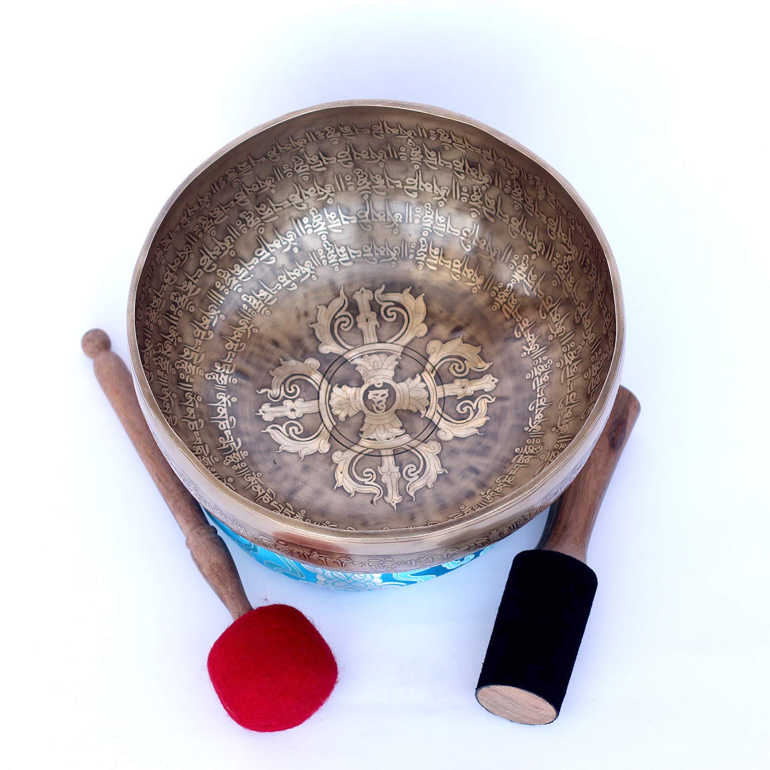 10-Inch Tibetan Mantra Nine Metal Handmade Singing Bowl ~Deep Sound~ for Professional use of Meditation, Sound Therapy and Healing- Ohm Mane Padme Ohm hand carved~ Included Mallet, Cushion & Drumstick