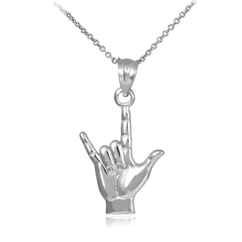 Sideways Crosses 10k White Gold I Love You Hand Sign Language Charm Pendant Necklace, 18"