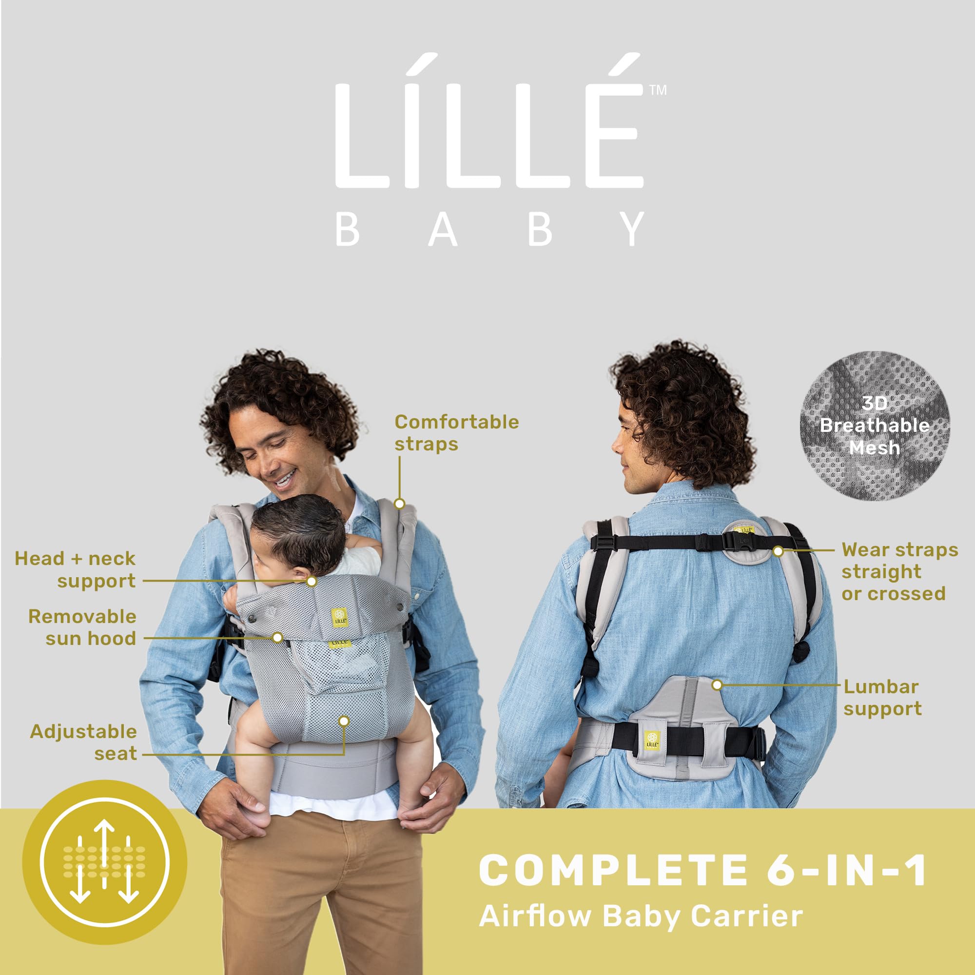 LÍLLÉbaby Complete Airflow Ergonomic 6-in-1 Baby Carrier Newborn to Toddler - with Lumbar Support - for Children 7-45 Pounds - 360 Degree Baby Wearing - Inward and Outward Facing - Silver