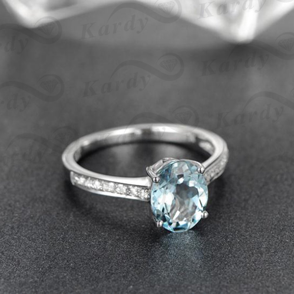 Unique Vintage Genuine Aquamarine for Women 14K White Gold Natural Diamond Engagement March Birthstone Wedding Ring