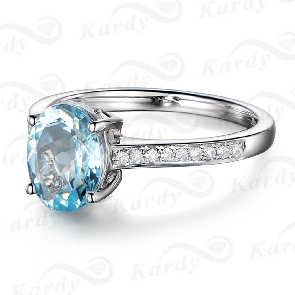 Unique Vintage Genuine Aquamarine for Women 14K White Gold Natural Diamond Engagement March Birthstone Wedding Ring