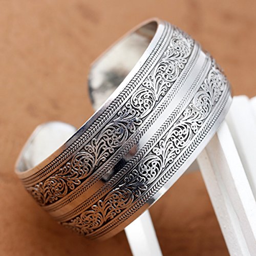 BODYA Tibeten Silver Carved Spiral Flower Connecting Branches Pattern Wide Band Open Cuff Bracelet Bangle for Adult