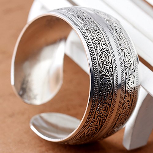 BODYA Tibeten Silver Carved Spiral Flower Connecting Branches Pattern Wide Band Open Cuff Bracelet Bangle for Adult