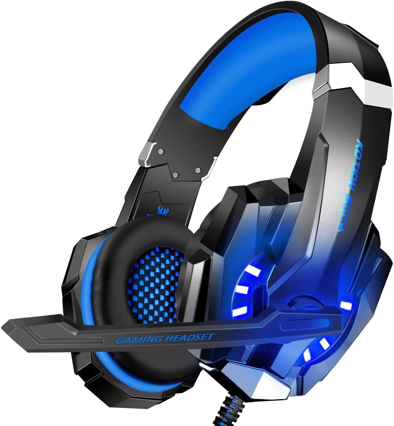 BlueFire Stereo Gaming Headset for PS4, PS5, PC, Xbox One, Noise Cancelling Over Ear Headphones with Mic, LED Light, Bass Surround, Soft Memory Earmuffs for Laptop Nintendo Switch Games (Blue)