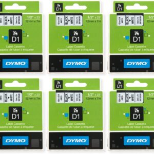 Dymo D1 Standard Tape Cartridge, 1/2in x 23ft, Black on White Tape Cartridge, Pack of 6