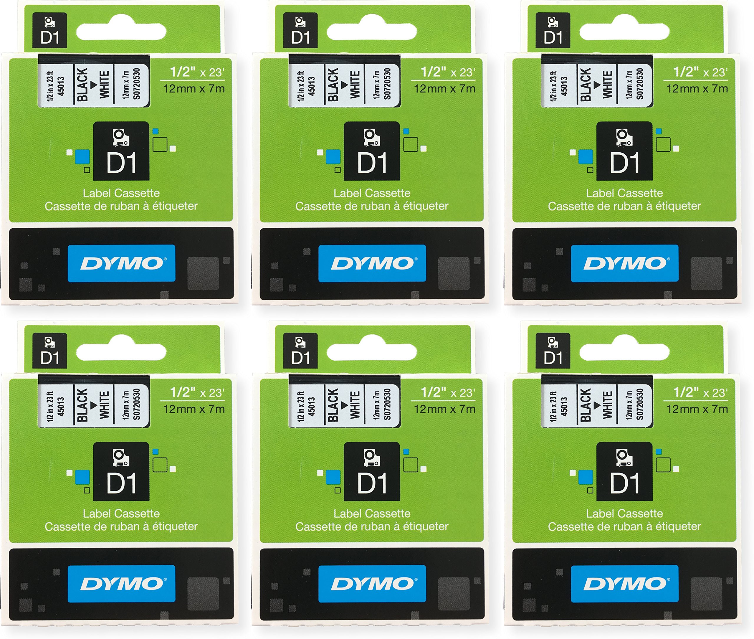 Dymo D1 Standard Tape Cartridge, 1/2in x 23ft, Black on White Tape Cartridge, Pack of 6