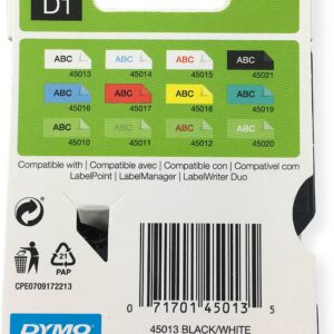 Dymo D1 Standard Tape Cartridge, 1/2in x 23ft, Black on White Tape Cartridge, Pack of 6