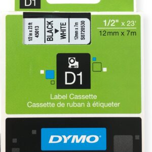 Dymo D1 Standard Tape Cartridge, 1/2in x 23ft, Black on White Tape Cartridge, Pack of 6