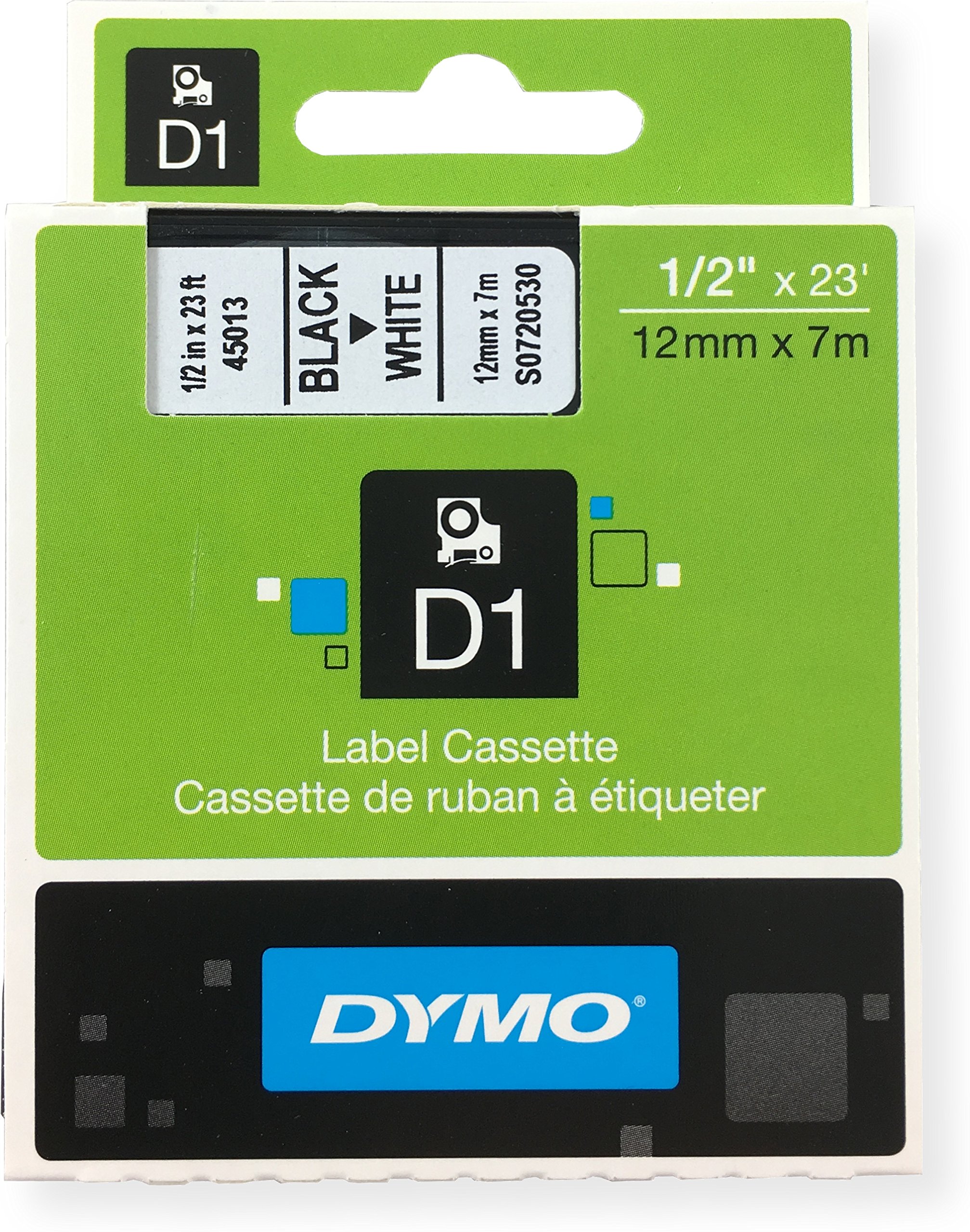 Dymo D1 Standard Tape Cartridge, 1/2in x 23ft, Black on White Tape Cartridge, Pack of 6