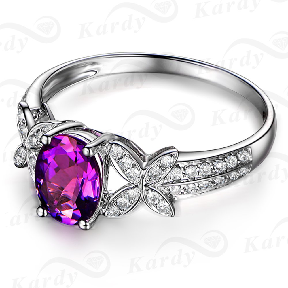 Unique Fashion 1.5ct Brazilian Amethyst Gemstone Real Diamond 14K White Gold Engagement Wedding Promise Ring for Women