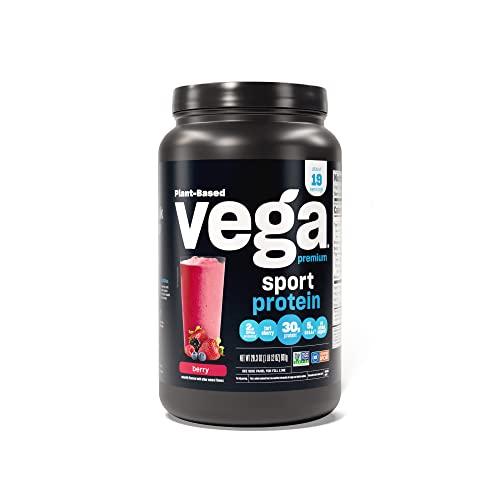 Vega Premium Sport Protein Berry Protein Powder, Vegan, Non GMO, Gluten Free Plant Based Protein Powder Drink Mix, NSF Certified for Sport, 28.3 oz