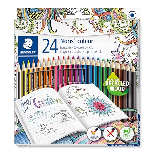 Staedtler Noris colour 185 C24JB Buntstifte (erhöhte Spitzen-Bruchfestigkeit, sechskant, Set mit 24 brillanten Farben, Wopex Material, PEFC-Holz, DIN EN71)