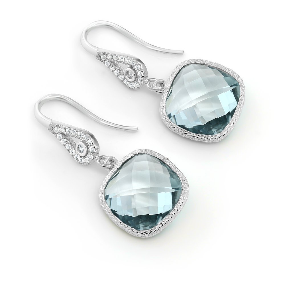 Gem Stone King 925 Sterling Silver Simulated Aquamarine Dangle Earrings For Women (11.00 Cttw, March Birthstone, Cushion Cut 30X12MM)