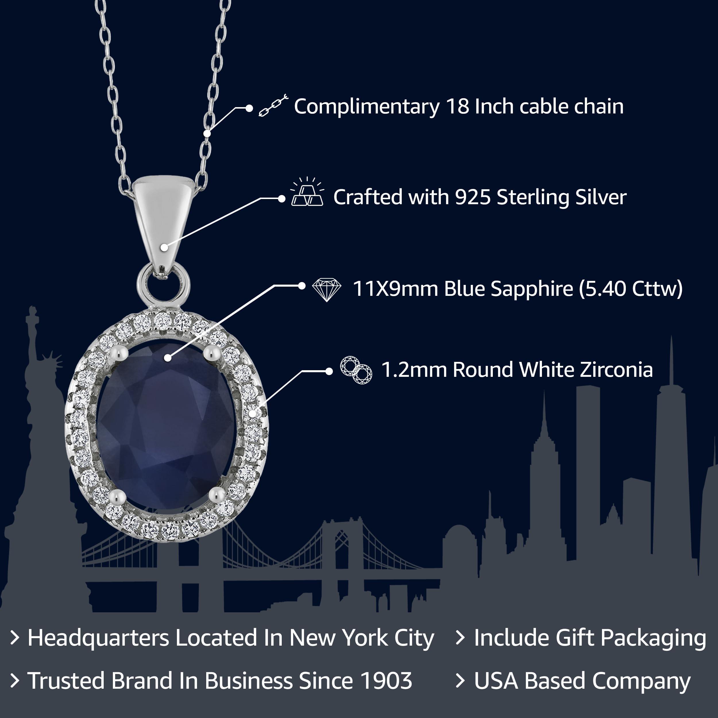 Gem Stone King 925 Sterling Silver Blue Sapphire Gemstone Pendant Necklace For Women (5.40 Cttw, Oval 11X9MM, with 18 Inch Silver Chain)