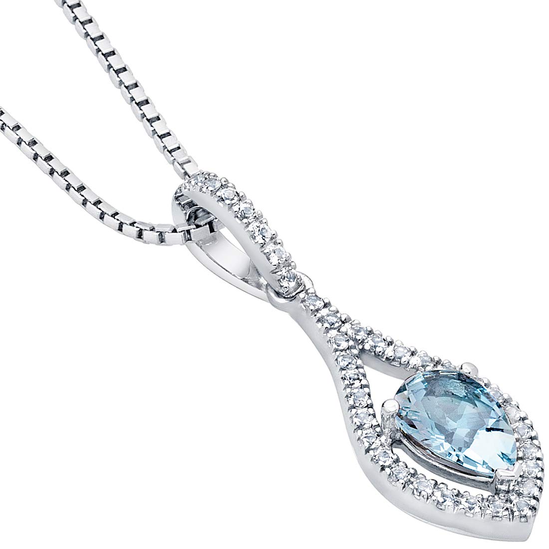 PEORA Aquamarine Pendant for Women 14K White Gold with White Topaz, Teardrop Halo Design, Genuine Birthstone Gemstone, 0.86 Carat Pear Shape 7x5mm, with 18 Inch Chain