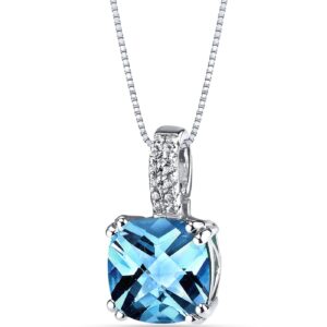 peora swiss blue topaz pendant for women 14k white gold with white topaz, genuine gemstone birthstone, 3.50 carats cushion cut, 9mm, with 18 inch chain