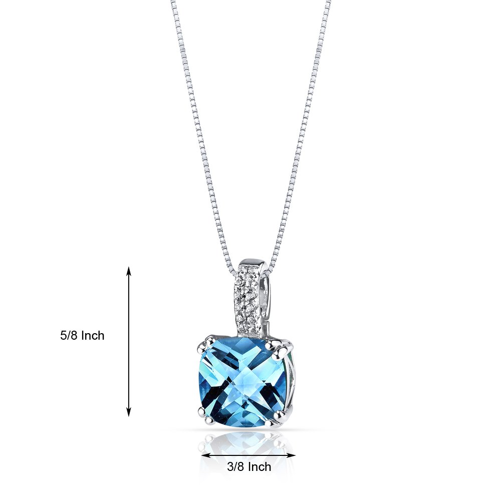 PEORA Swiss Blue Topaz Pendant for Women 14K White Gold with White Topaz, Genuine Gemstone Birthstone, 3.50 Carats Cushion Cut, 9mm, with 18 Inch Chain