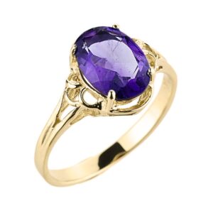 10k Yellow Gold February Birthstone Genuine Oval Amethyst Gemstone Solitaire Ring - Size 8-1/4