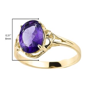 10k Yellow Gold February Birthstone Genuine Oval Amethyst Gemstone Solitaire Ring - Size 8-1/4