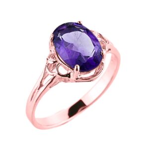 10k rose gold february birthstone genuine oval amethyst gemstone solitaire ring - size 7