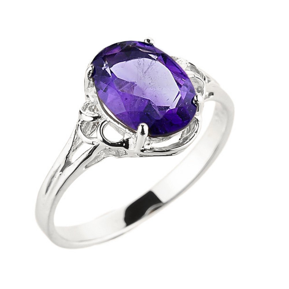 10k White Gold February Birthstone Genuine Oval Amethyst Gemstone Solitaire Ring - Size 7-1/2