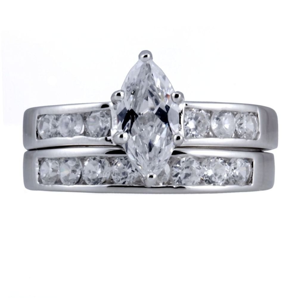 1000 Jewels Theresa: 1.84ct Marquise-cut Ice on Fire CZ 2 pc Wedding Band Ring Set 925 Silver, 3009A sz 10.0