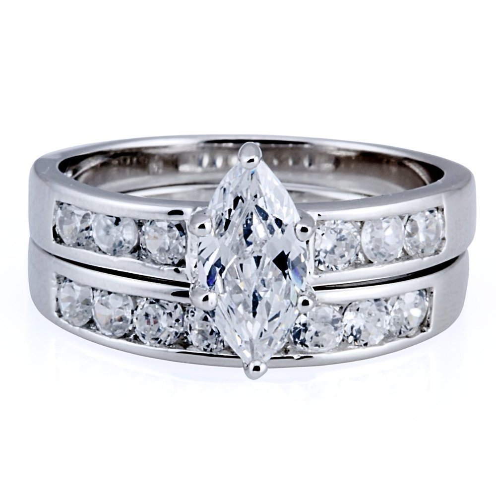 1000 Jewels Theresa: 1.84ct Marquise-cut Ice on Fire CZ 2 pc Wedding Band Ring Set 925 Silver, 3009A sz 10.0