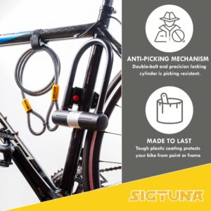 Bike U Lock - Sigtuna Bike Lock Heavy Duty Anti-Theft with 4ft/1.2m Cable, Bicycle U Lock with Sturdy Mounting Bracket for Mountain Bikes, Ebikes, Scooters