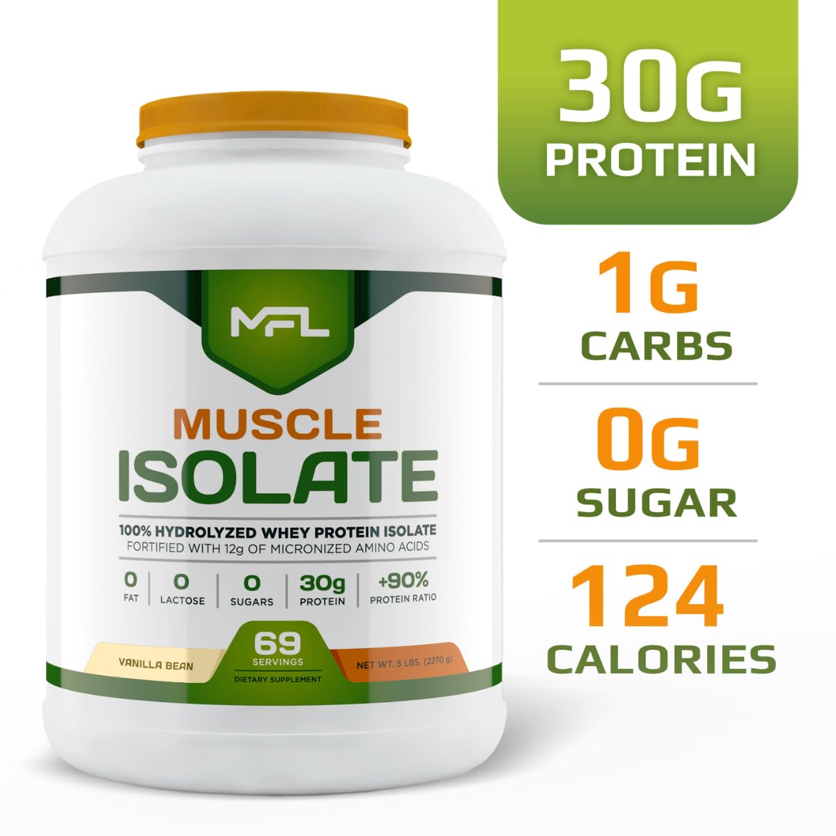 MUSCLE FOOD LABS MFL 100% Isolate Protein l 30g of Protein l 12g Amino Acids l Keto Friendly l Low Carbs l 5 lbs. (Vanilla Bean)