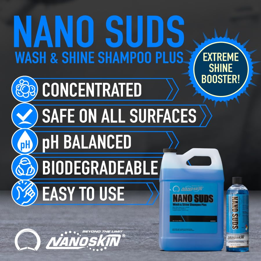 Nanoskin NANO SUDS Foaming Car Wash Shampoo 5 Gallons - Works with Foam Cannon, Foam Gun, Bucket Washes, Car Soap for Pressure Washer | Safe for Cars Trucks, Motorcycles, RVs & More | Fruity Scented, 640 Fl Oz (Pack of 1), Blue