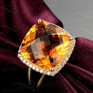 Fashion Women Yellow Citrine Gemstone Diamond Solid 14K Yellow Gold Natural Ring Settings Band Jewelry