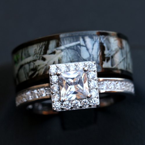 His & Her Black Titanium Camo Sterling Silver Engagement Wedding Ring Set (Size Men 7; Women 7)