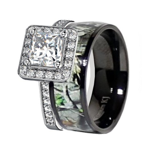 His & Her Black Titanium Camo Sterling Silver Engagement Wedding Ring Set (Size Men 7; Women 7)