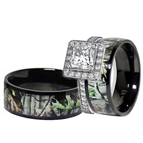 His & Her Black Titanium Camo Sterling Silver Engagement Wedding Ring Set (Size Men 7; Women 7)