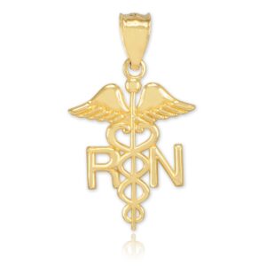 American Heroes Polished 10k Yellow Gold Caduceus RN Charm Registered Nurse Pendant Necklace, 18"