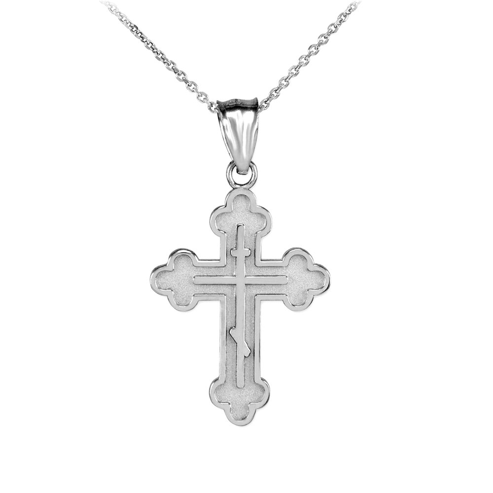 Sideways Crosses Religious Jewelry Solid 14k White Gold Eastern Orthodox Cross Charm Pendant Necklace, 16"