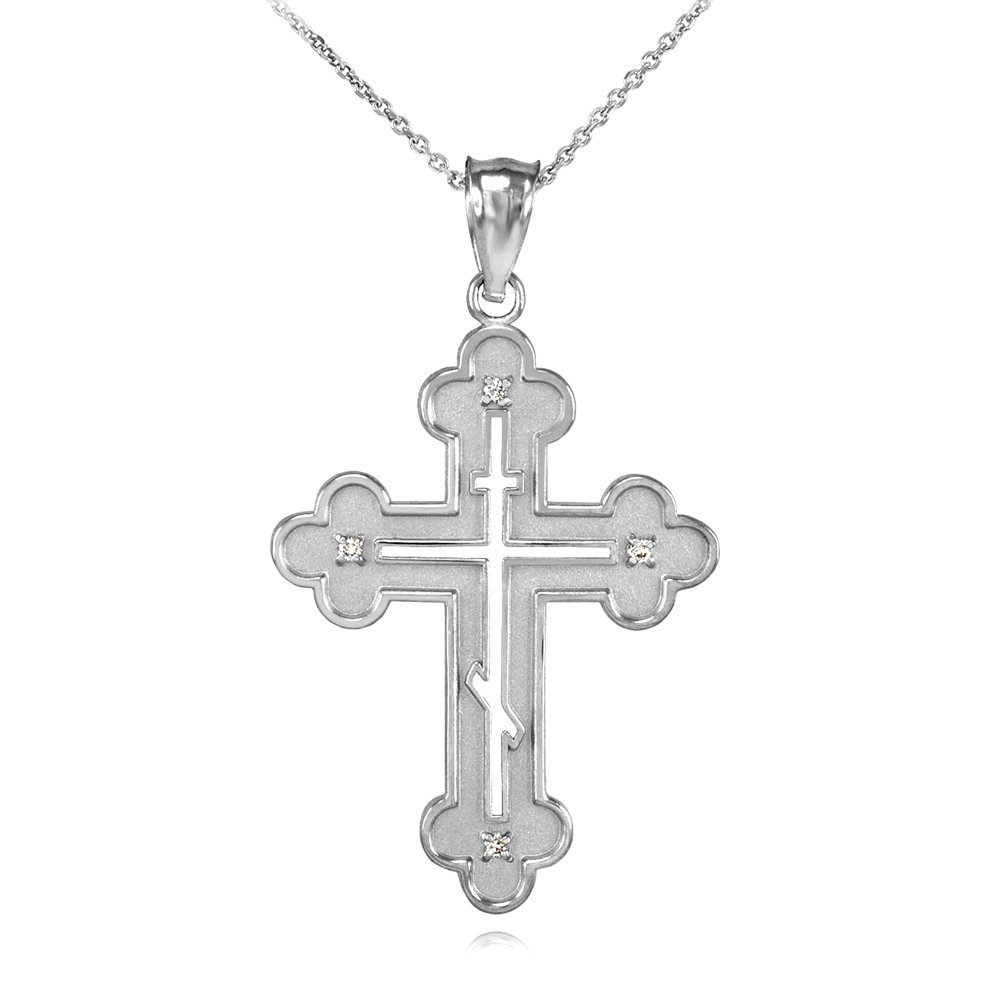 Sideways Crosses Religious Jewelry 14k White Gold Eastern Orthodox Cross Charm Pendant Necklace with Diamonds, 18"