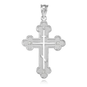 Sideways Crosses Religious Jewelry 14k White Gold Eastern Orthodox Cross Charm Pendant Necklace with Diamonds, 18"