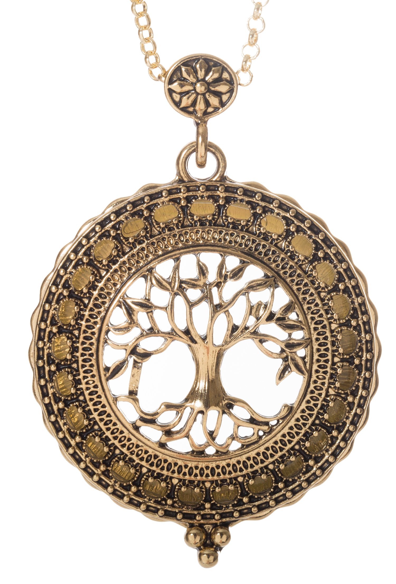 Artisan Owl Tree of Life 4x Magnifier Magnifying Glass Sliding Top Magnet Pendant Necklace (Gold Tone)