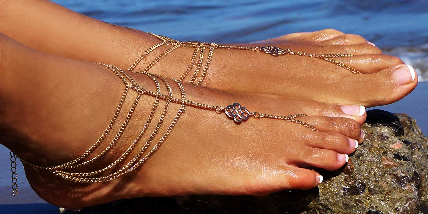 Bienvenu 2 PCS Multi Chain Beach Tassels Anklet Chain Bracelet Barefoot Sandals Foot Jewelry