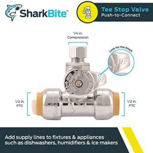 SharkBite 1/2 x 1/2 x 1/4 Inch Compression Tee Stop Valve, Push to Connect Brass Plumbing Fitting, PEX Pipe, Copper, CPVC, PE-RT, HDPE, 24983A