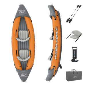 • Bestway Hydro Force Lite Rapid X2 2 Person Inflatable Outdoor Water Sport Kayak Set with 2 Aluminum Oars and Removable Middle Fin, Orange