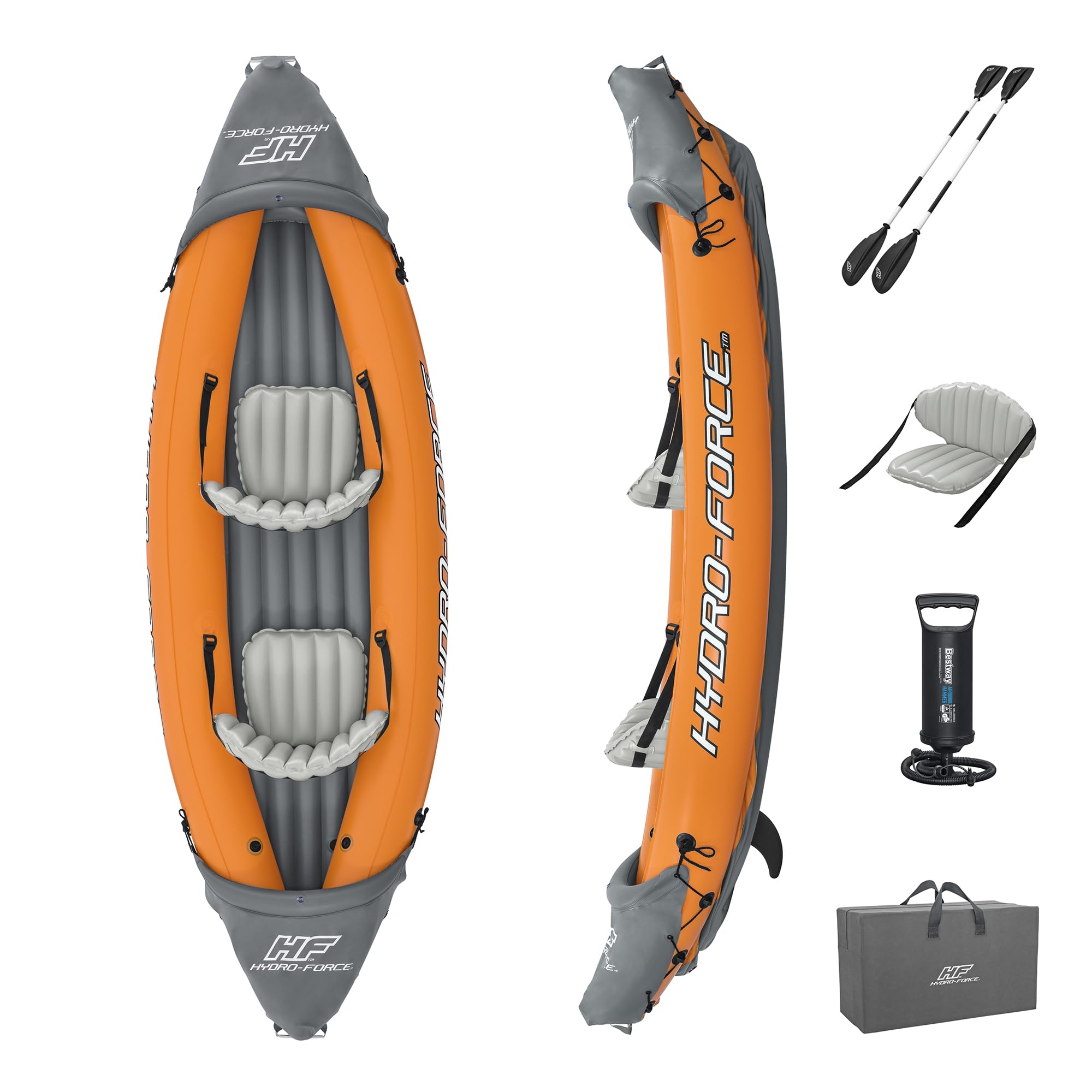 • Bestway Hydro Force Lite Rapid X2 2 Person Inflatable Outdoor Water Sport Kayak Set with 2 Aluminum Oars and Removable Middle Fin, Orange