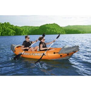 • Bestway Hydro Force Lite Rapid X2 2 Person Inflatable Outdoor Water Sport Kayak Set with 2 Aluminum Oars and Removable Middle Fin, Orange