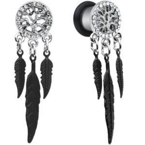 Body Candy Steel Single Flare Clear Accent Tree of Life Feather Dangle Ear Gauge Plug Set 4 Gauge