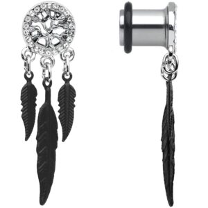 Body Candy Steel Single Flare Clear Accent Tree of Life Feather Dangle Ear Gauge Plug Set 4 Gauge