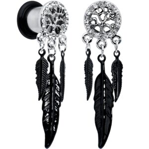 body candy steel single flare clear accent tree of life feather dangle ear gauge plug set 0 gauge