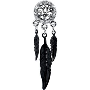 Body Candy Steel Single Flare Clear Accent Tree of Life Feather Dangle Ear Gauge Plug Set 0 Gauge