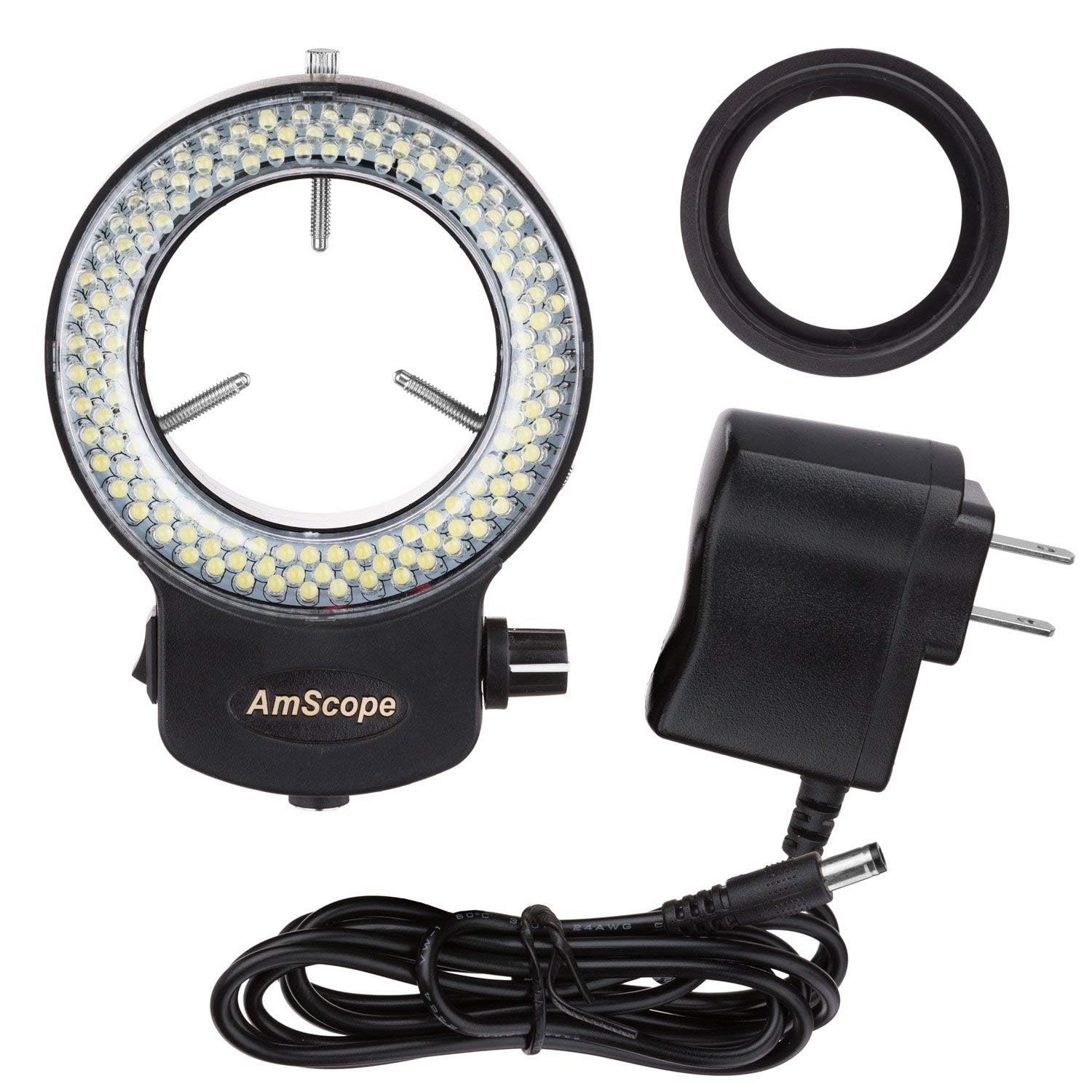 AmScope 144 LED Intensity-Adjustable Ring Light: Stereo Microscope Accessory with Black Housing