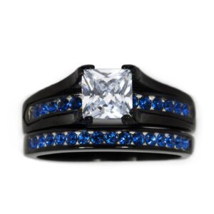 Panvisionary Engagement Ring Set Black and Blue Thin Blue Line 2 Ring Design (7)